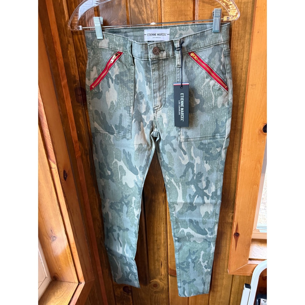 Etienne Marcel Textured Camo Skinny Jeans Red Zip EM31026 Green Women's Size‎ 27